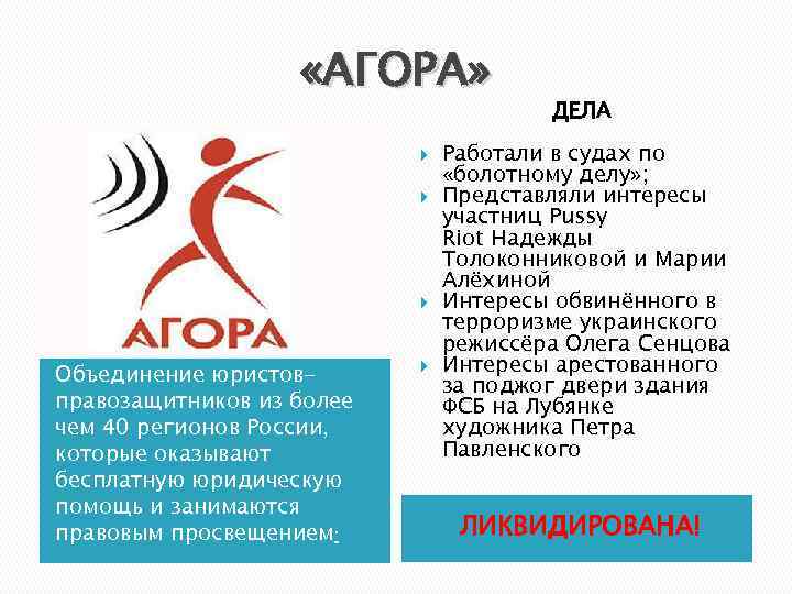 «АГОРА» Объединение юристовправозащитников из более чем 40 регионов России, которые оказывают бесплатную юридическую