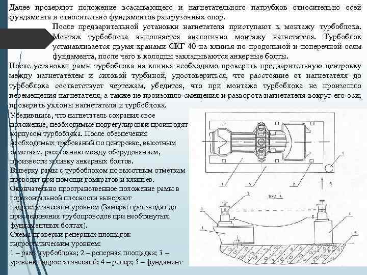 Далее проверяют положение всасывающего и нагнетательного патрубков относительно осей фундамента и относительно фундаментов разгрузочных