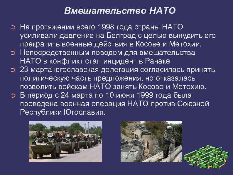 Вмешательство НАТО ➲ ➲ На протяжении всего 1998 года страны НАТО усиливали давление на