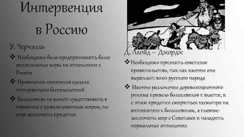 Интервенция в Россию У. Черчилль v Необходимо было предпринимать более решительные меры по отношению