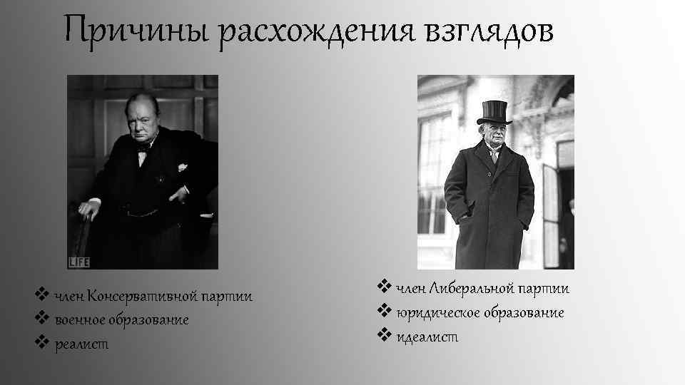 Причины расхождения взглядов v член Консервативной партии v военное образование v реалист v член