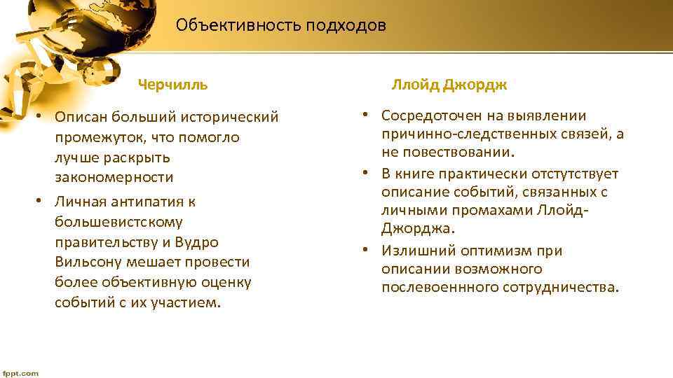 Объективность подходов Черчилль • Описан больший исторический промежуток, что помогло лучше раскрыть закономерности •