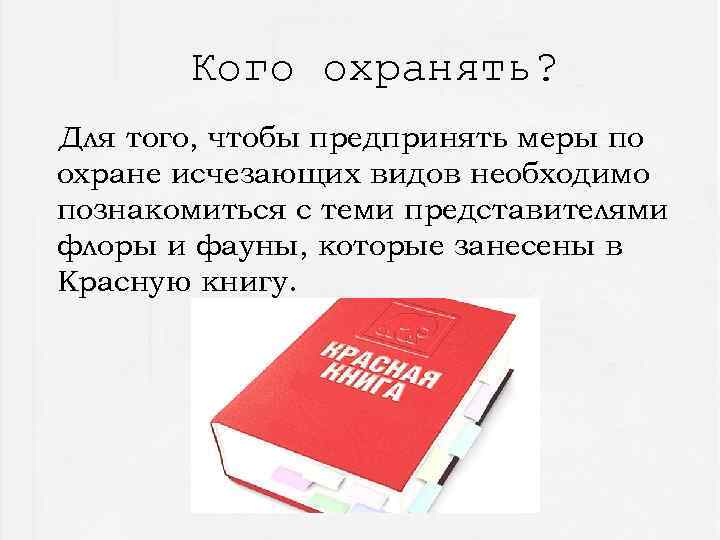 Кого охранять? Для того, чтобы предпринять меры по охране исчезающих видов необходимо познакомиться с