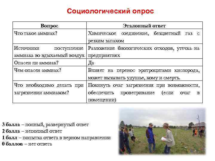 Социологический опрос Вопрос Что такое аммиак? Эталонный ответ Химическое соединение, безцветный газ с резким