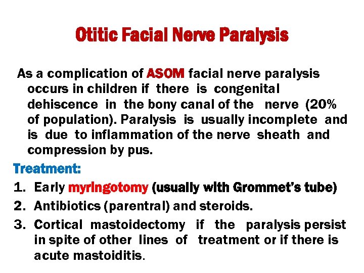 Otitic Facial Nerve Paralysis As a complication of ASOM facial nerve paralysis occurs in