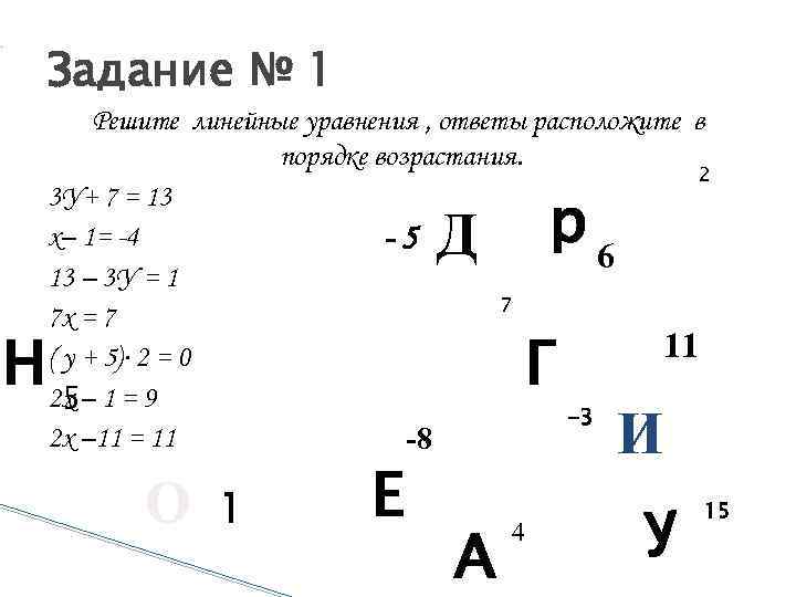 Задание № 1 Решите линейные уравнения , ответы расположите в порядке возрастания. 2 3