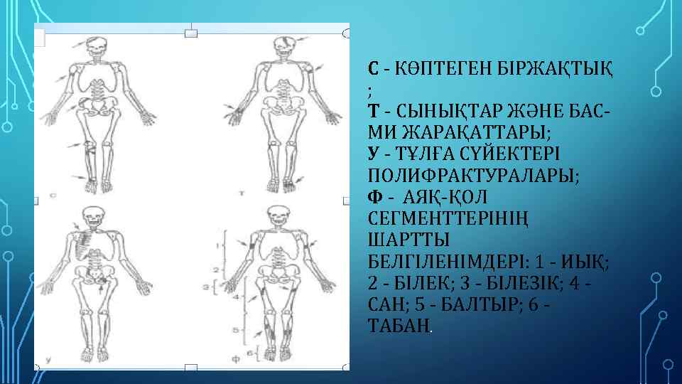 С - КӨПТЕГЕН БІРЖАҚТЫҚ ; Т - СЫНЫҚТАР ЖƏНЕ БАСМИ ЖАРАҚАТТАРЫ; У - ТҰЛҒА
