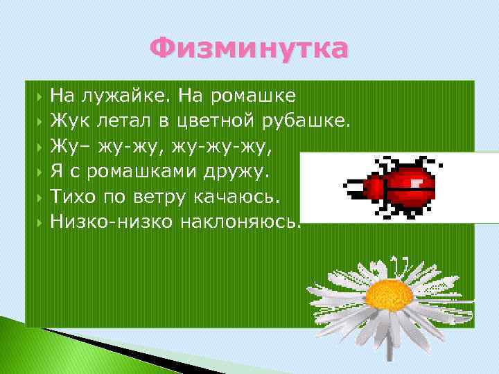 Физминутка На лужайке. На ромашке Жук летал в цветной рубашке. Жу– жу-жу, жу-жу-жу, Я