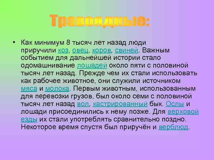  • Как минимум 8 тысяч лет назад люди приручили коз, овец, коров, свиней.