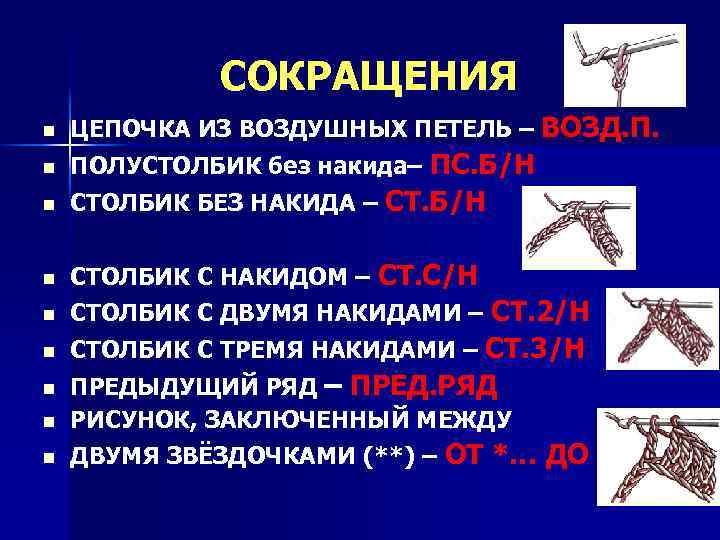 СОКРАЩЕНИЯ n ЦЕПОЧКА ИЗ ВОЗДУШНЫХ ПЕТЕЛЬ – ВОЗД. П. ПОЛУСТОЛБИК без накида– ПС. Б/Н