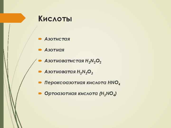 Кислоты Азотистая Азотноватистая H 2 N 2 O 2 Азотноватая H 2 N 2