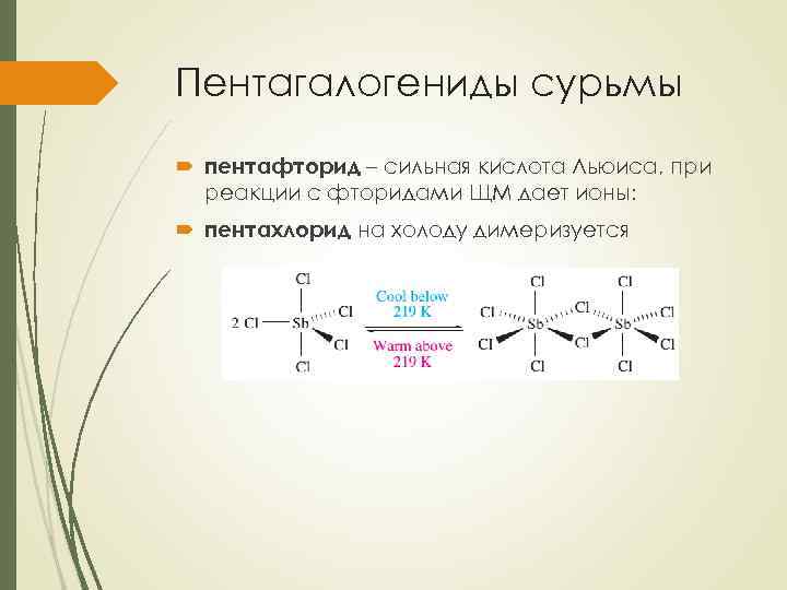 Пентагалогениды сурьмы пентафторид – сильная кислота Льюиса, при реакции с фторидами ЩМ дает ионы: