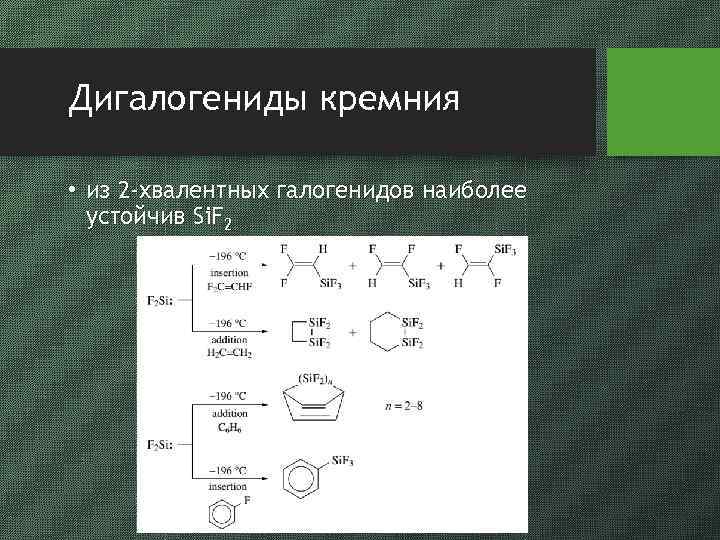 Дигалогениды кремния • из 2 -хвалентных галогенидов наиболее устойчив Si. F 2 