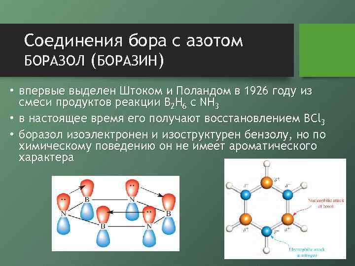 Соединения бора с азотом БОРАЗОЛ (БОРАЗИН) • впервые выделен Штоком и Поландом в 1926