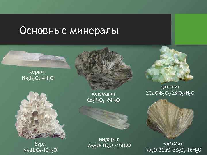 Основные минералы кернит Na 2 B 4 O 7· 4 H 2 O колеманит