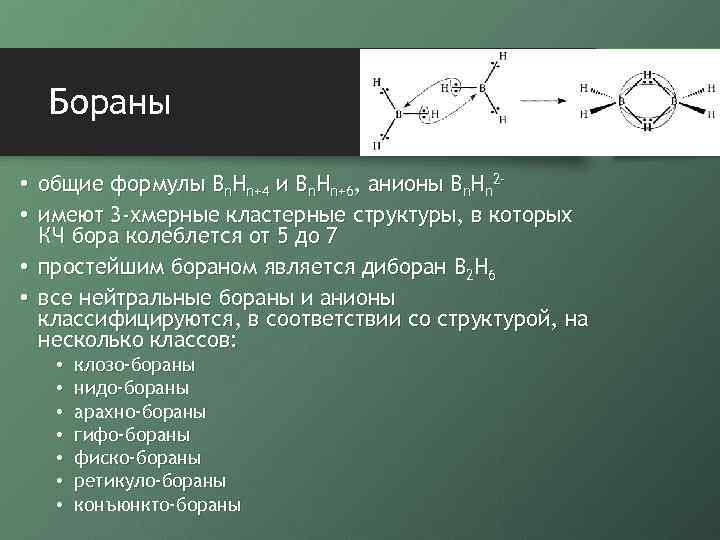 Бораны • общие формулы Bn. Hn+4 и Bn. Hn+6, анионы Bn. Hn 2 •