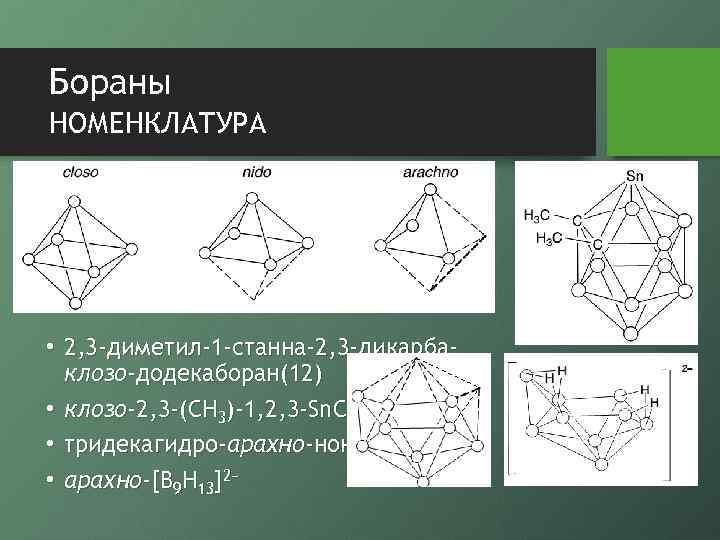 Бораны НОМЕНКЛАТУРА • 2, 3 -диметил-1 -станна-2, 3 -дикарбаклозо-додекаборан(12) • клозо-2, 3 -(CH 3)-1,