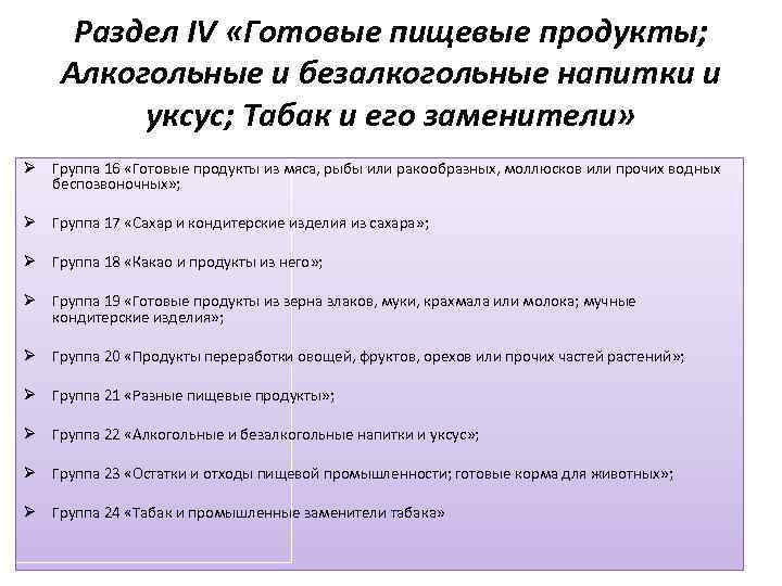 Раздел IV «Готовые пищевые продукты; Алкогольные и безалкогольные напитки и уксус; Табак и его