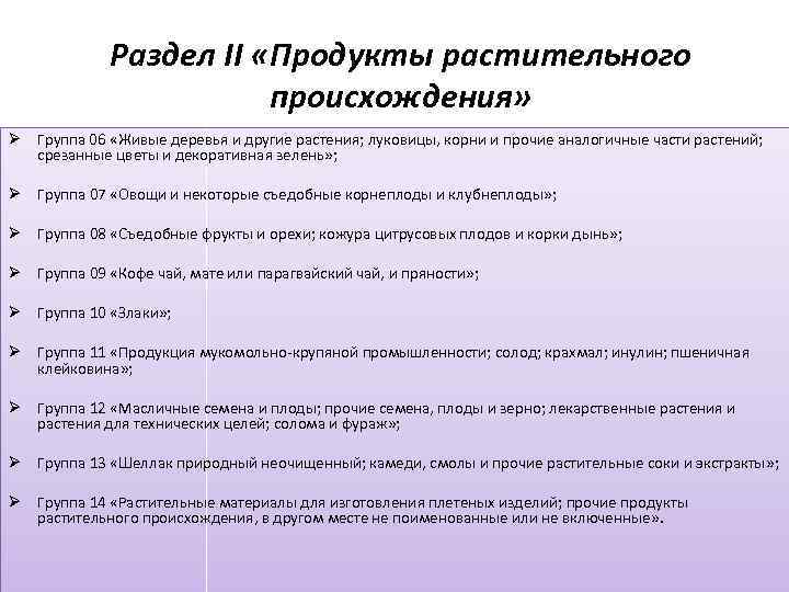 Раздел II «Продукты растительного происхождения» Ø Группа 06 «Живые деревья и другие растения; луковицы,