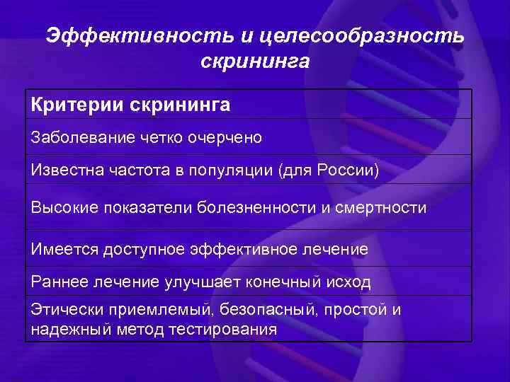 Эффективность и целесообразность скрининга Критерии скрининга Заболевание четко очерчено Известна частота в популяции (для