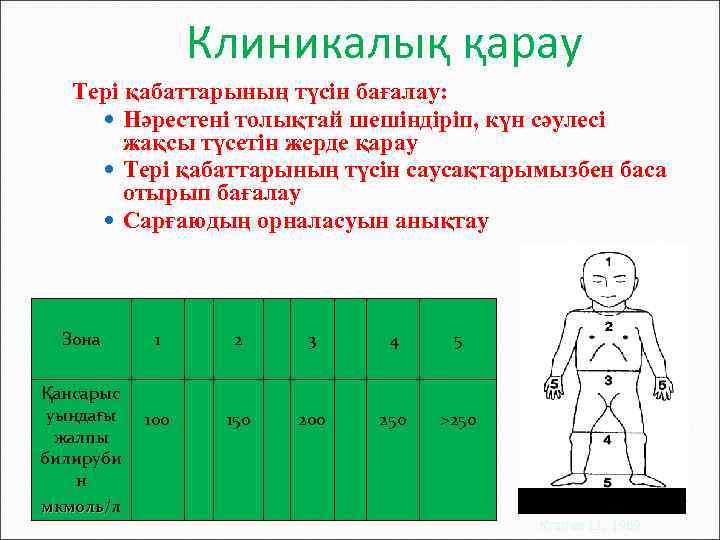 Клиникалық қарау Тері қабаттарының түсін бағалау: Нәрестені толықтай шешіндіріп, күн сәулесі жақсы түсетін жерде