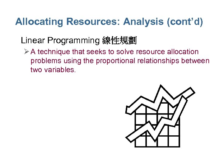 Allocating Resources: Analysis (cont’d) • Linear Programming 線性規劃 Ø A technique that seeks to