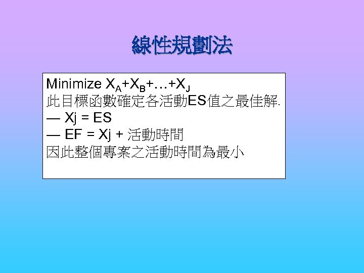  線性規劃法 Minimize XA+XB+…+XJ 此目標函數確定各活動ES值之最佳解. ― Xj = ES ― EF = Xj +