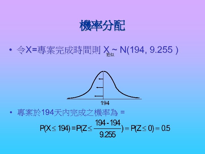 機率分配 • 令X=專案完成時間則 X ~ N(194, 9. 255 ) 近似 194 • 專案於 194天內完成之機率為