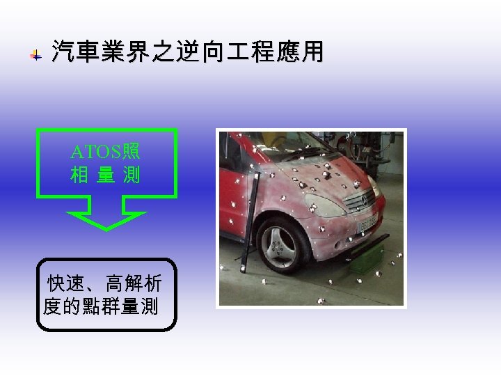  汽車業界之逆向 程應用 ATOS照 相 量 測 快速、高解析 度的點群量測 