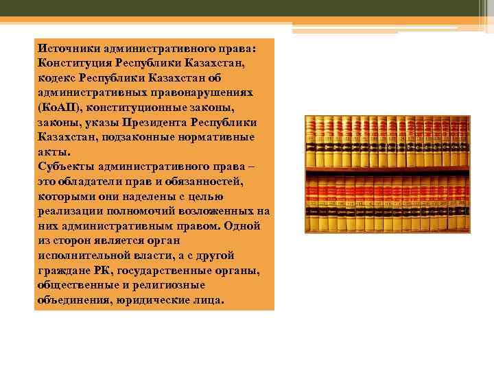 Источники административного права: Конституция Республики Казахстан, кодекс Республики Казахстан об административных правонарушениях (Ко. АП),