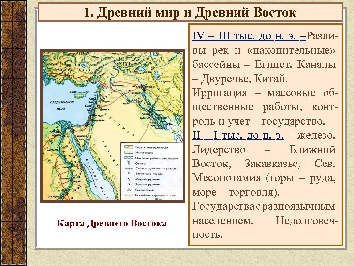 1. Древний мир и Древний Восток Карта Древнего Востока IV – III тыс. до