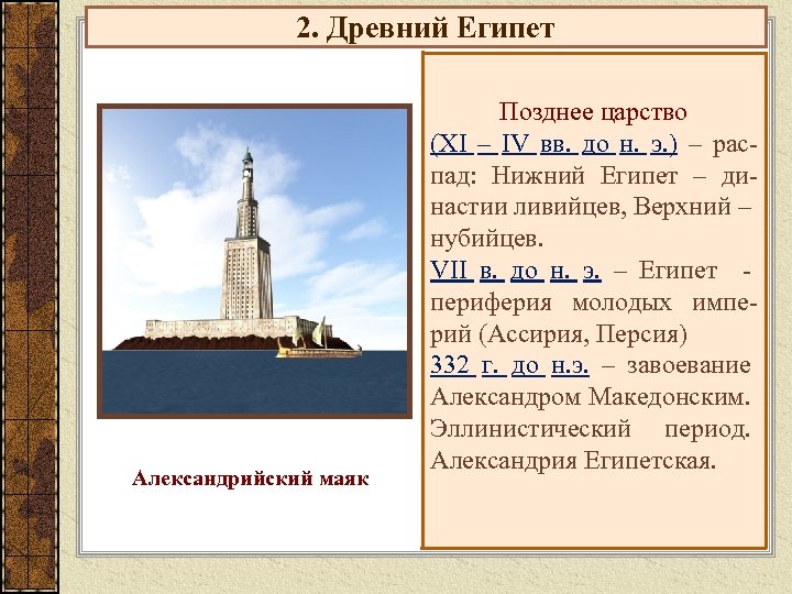 2. Древний Египет Александрийский маяк Позднее царство (XI – IV вв. до н. э.