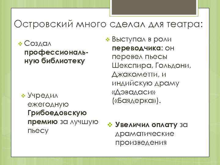 Островский много сделал для театра: v Создал профессиональную библиотеку v Учредил ежегодную Грибоедовскую премию