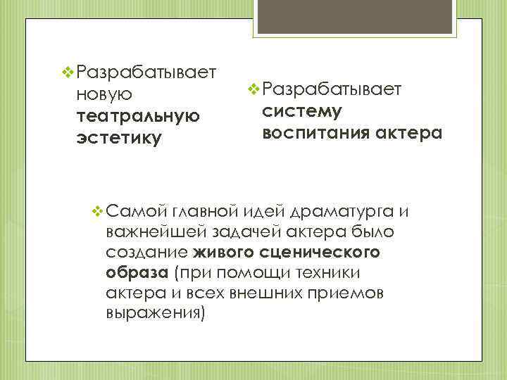 v. Разрабатывает новую театральную эстетику v. Разрабатывает систему воспитания актера v Самой главной идей