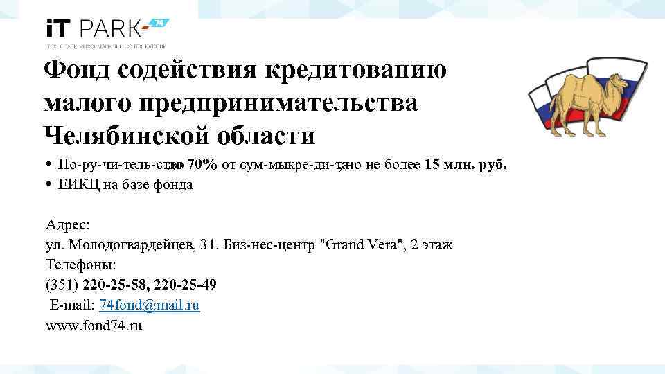 Фонд содействия кредитованию малого предпринимательства Челябинской области • По ру чи тель ство 70%