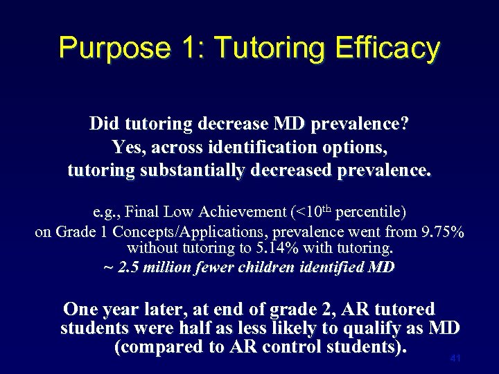 Purpose 1: Tutoring Efficacy Did tutoring decrease MD prevalence? Yes, across identification options, tutoring