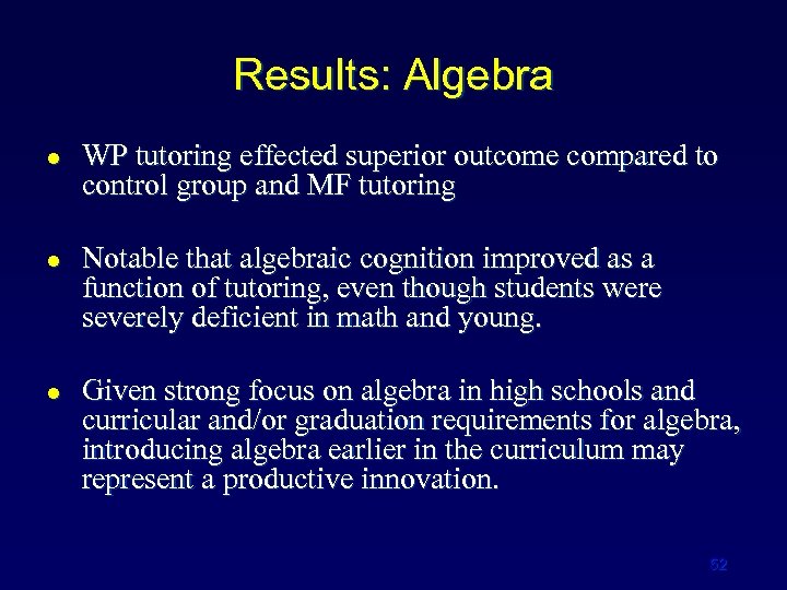 Results: Algebra l l l WP tutoring effected superior outcome compared to control group