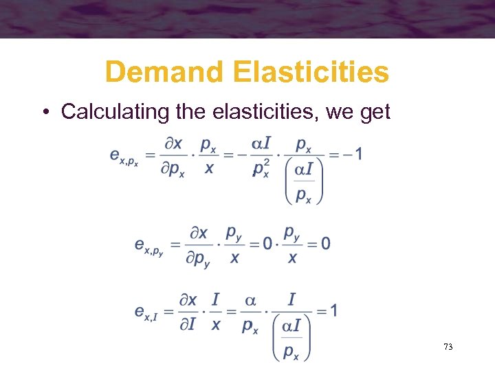 Demand Elasticities • Calculating the elasticities, we get 73 
