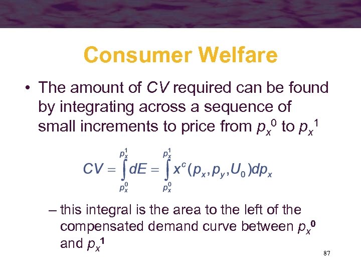 Consumer Welfare • The amount of CV required can be found by integrating across