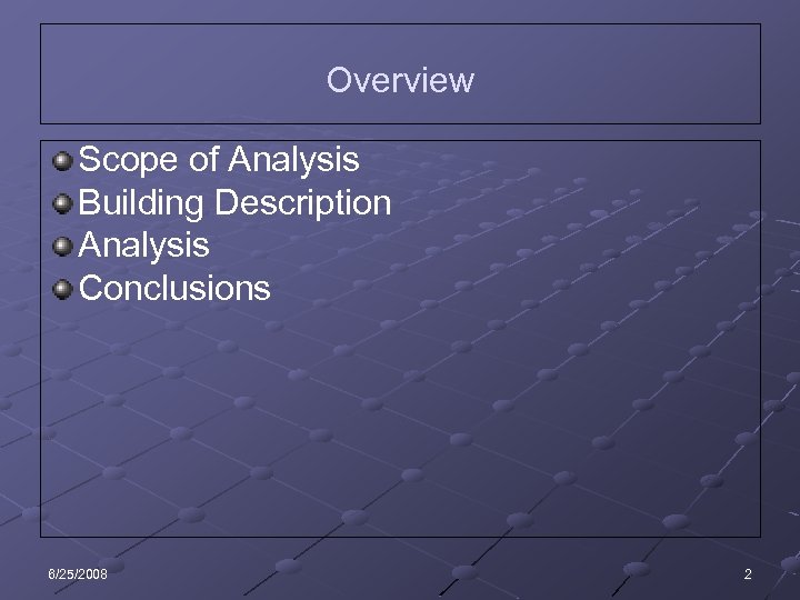 Overview Scope of Analysis Building Description Analysis Conclusions 6/25/2008 2 