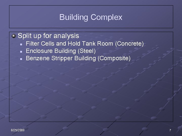 Building Complex Split up for analysis n n n 6/25/2008 Filter Cells and Hold