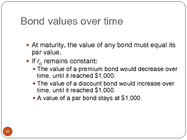 Bond values over time At maturity, the value of any bond must equal its