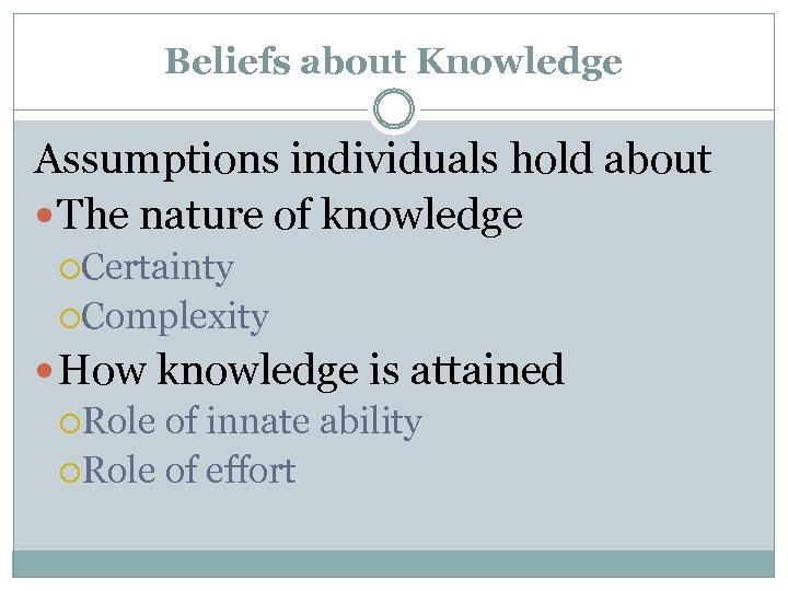 Beliefs about Knowledge Assumptions individuals hold about The nature of knowledge Certainty Complexity How