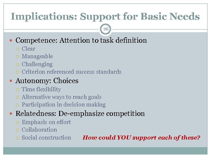 Implications: Support for Basic Needs 26 Competence: Attention to task definition Clear Manageable Challenging