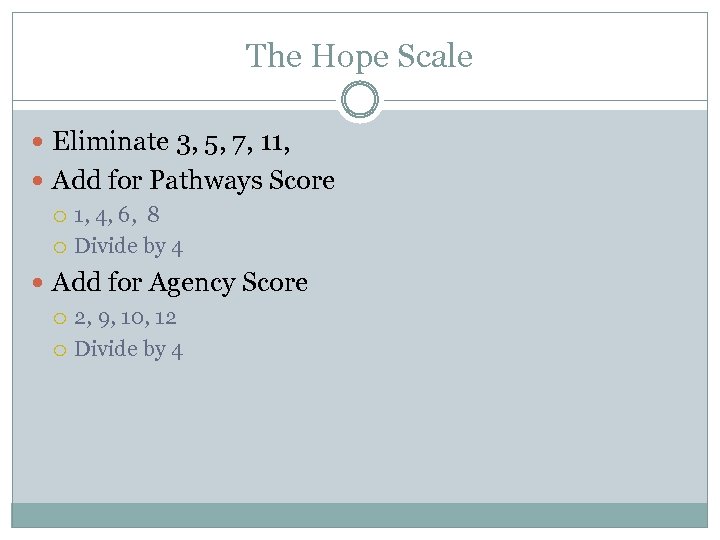 The Hope Scale Eliminate 3, 5, 7, 11, Add for Pathways Score 1, 4,