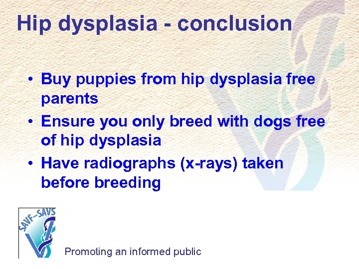 Hip dysplasia - conclusion • Buy puppies from hip dysplasia free parents • Ensure