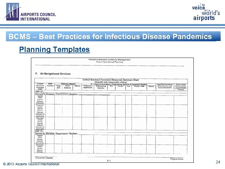 BCMS – Best Practices for Infectious Disease Pandemics Planning Templates © 2013 Airports Council