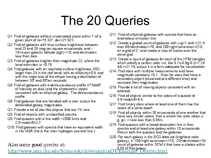 The 20 Queries Q 1: Find all galaxies without unsaturated pixels within 1' of