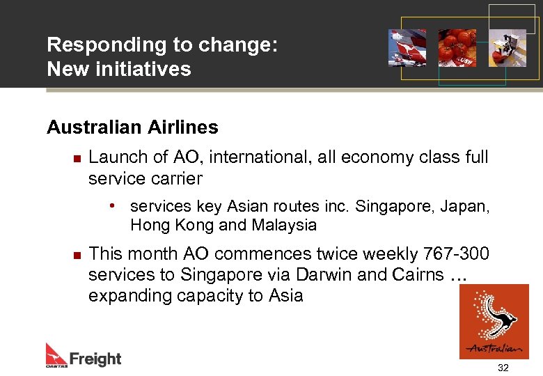 Responding to change: New initiatives Australian Airlines n Launch of AO, international, all economy