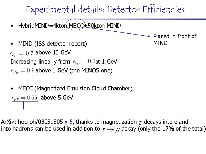 Experimental details: Detector Efficiencies • Hybrid. MIND=4 kton MECC+50 kton MIND Placed in front